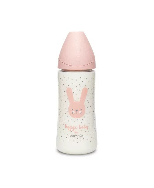 Biberon 360 ml cu tetină rotundă din silicon, debit dens, iepuraș roz Hygge Suavinex