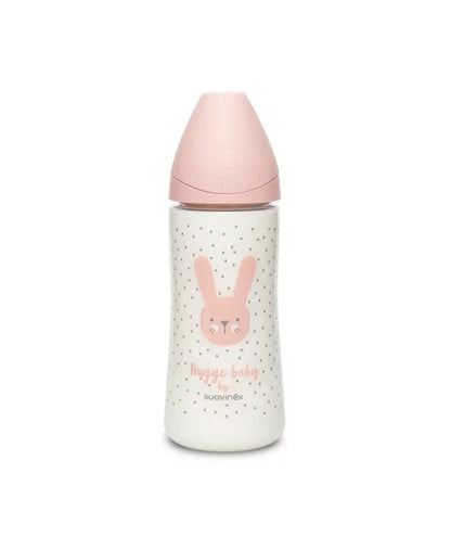Biberon 360 ml cu tetină rotundă din silicon, debit dens, iepuraș roz Hygge Suavinex