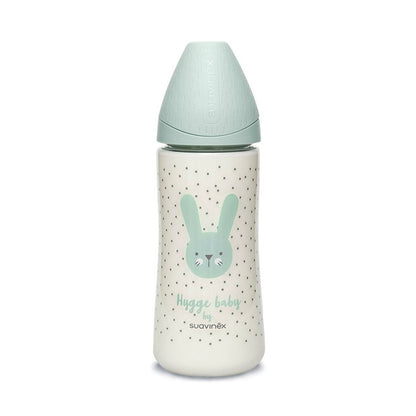 Biberon 360 ml cu tetină rotundă din silicon, debit dens, iepuraș verde Hygge Suavinex