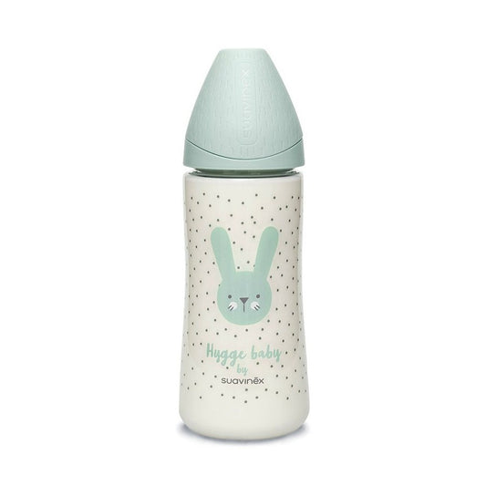 Biberon 360 ml cu tetină rotundă din silicon, debit dens, iepuraș verde Hygge Suavinex