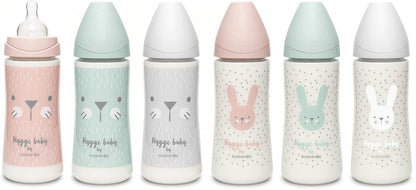 Biberon 360 ml cu tetină rotundă din silicon, debit dens, iepuraș verde Hygge Suavinex