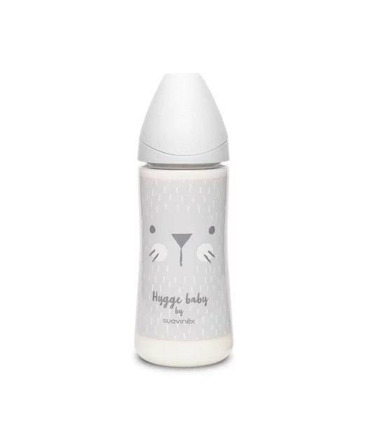 Biberon 360 ml cu tetină rotundă din silicon, debit dens, pisică gri Hygge Suavinex