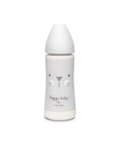 Biberon 360 ml cu tetină rotundă din silicon, debit dens, pisică gri Hygge Suavinex