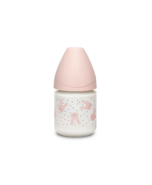 Biberon din sticlă 120 ml cu tetină rotundă din silicon, debit lent, iepuraș roz Hygge Suavinex