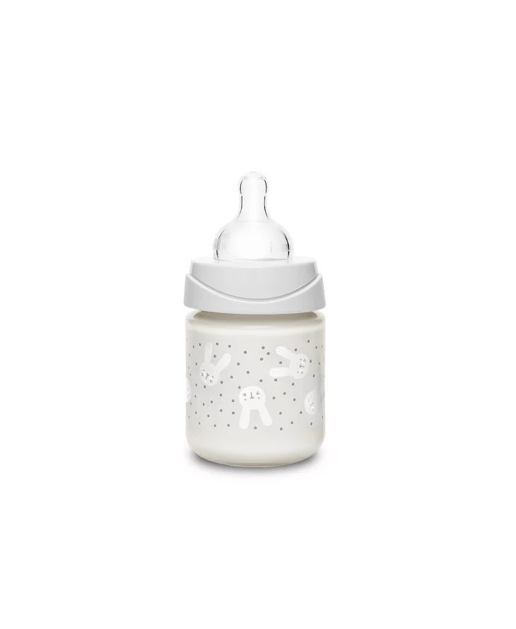 Biberon din sticlă 120 ml cu tetină rotundă din silicon, debit lent, iepuraș verde Hygge Suavinex