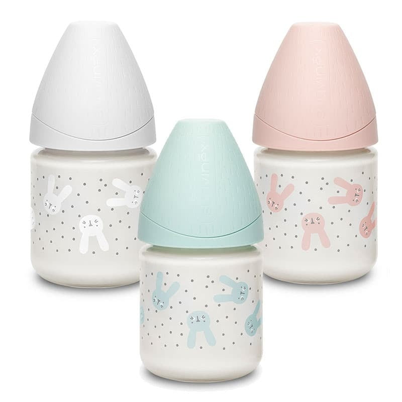 Biberon din sticlă 120 ml cu tetină rotundă din silicon, debit lent, iepuraș gri Hygge Suavinex