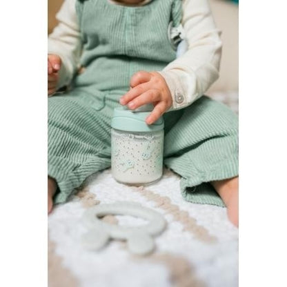 Biberon din sticlă 120 ml cu tetină rotundă din silicon, debit lent, iepuraș verde Hygge Suavinex