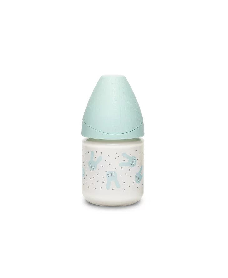 Biberon din sticlă 120 ml cu tetină rotundă din silicon, debit lent, iepuraș verde Hygge Suavinex