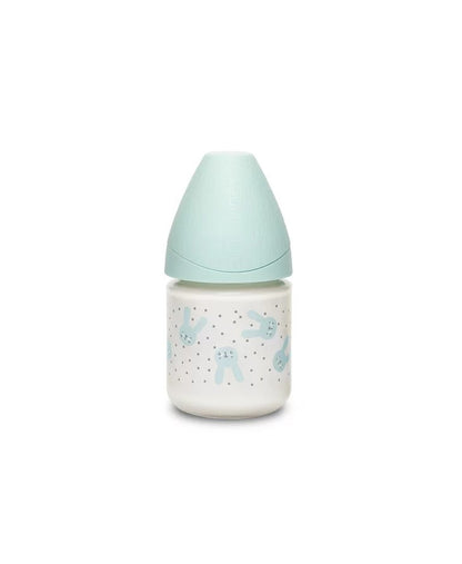 Biberon din sticlă 120 ml cu tetină rotundă din silicon, debit lent, iepuraș verde Hygge Suavinex
