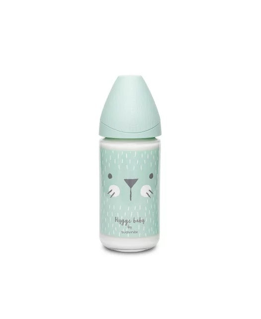 Biberon din sticlă 240 ml cu tetină rotundă din silicon, 3 fluxuri, pisică verde Hygge Suavinex