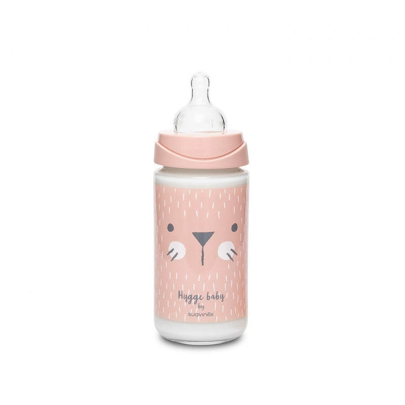 Biberon din sticlă 240 ml cu tetină rotundă din silicon, 3 fluxuri, pisică verde Hygge Suavinex