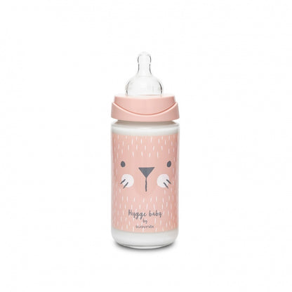 Biberon din sticlă 240 ml cu tetină rotundă din silicon, 3 fluxuri, pisică verde Hygge Suavinex