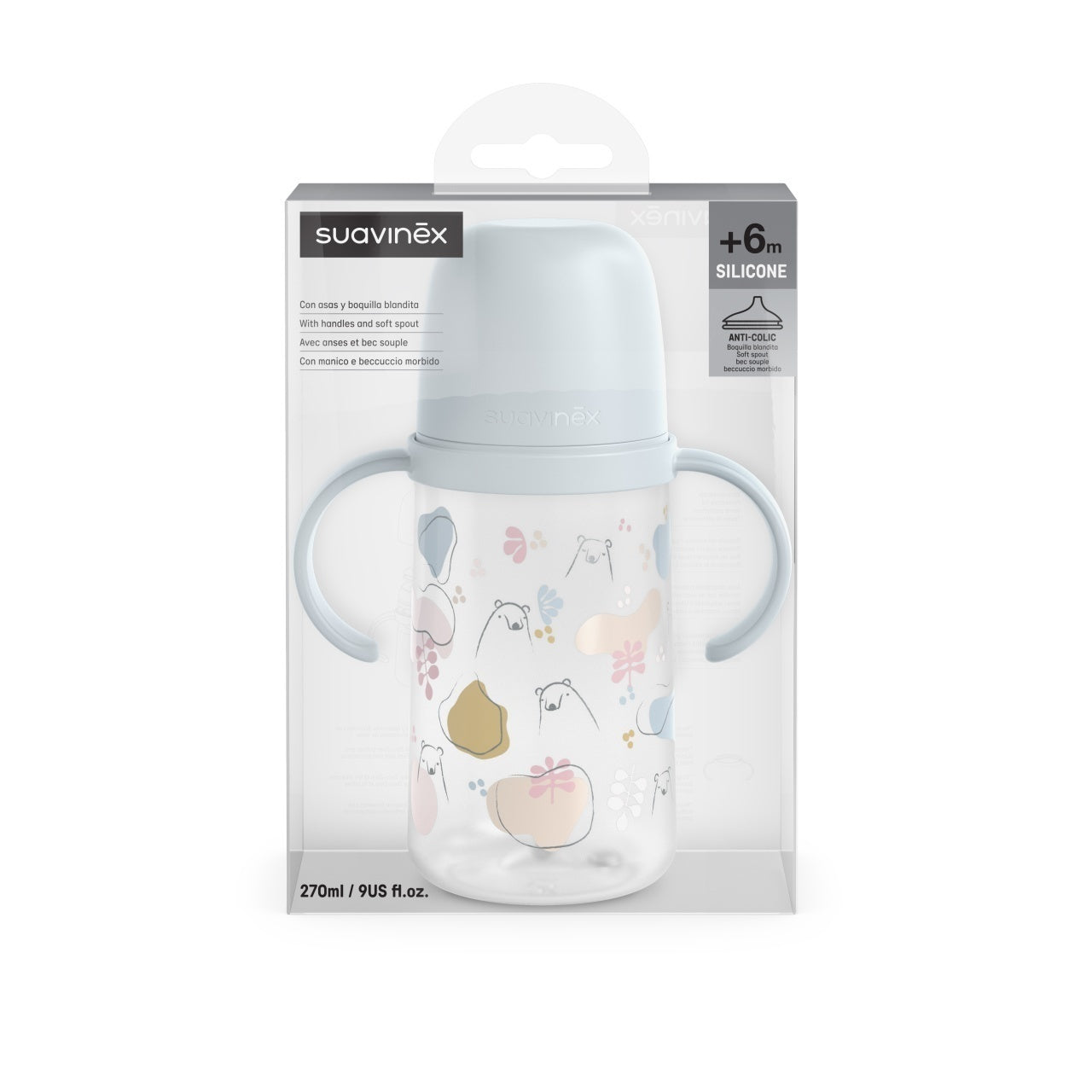 Cana cu muștiuc din silicon, 270 ml, Bears, albastru, Suavinex
