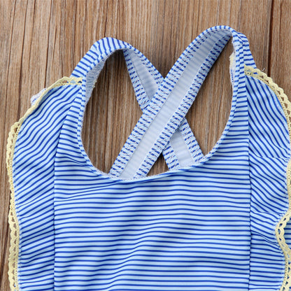 Costum de baie bleu cu dantela galbena Drool