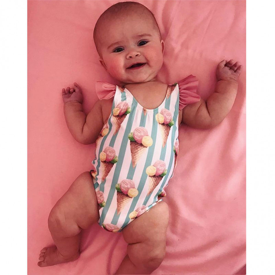 Costum de baie cu Inghetata si dungi turcoaz Drool