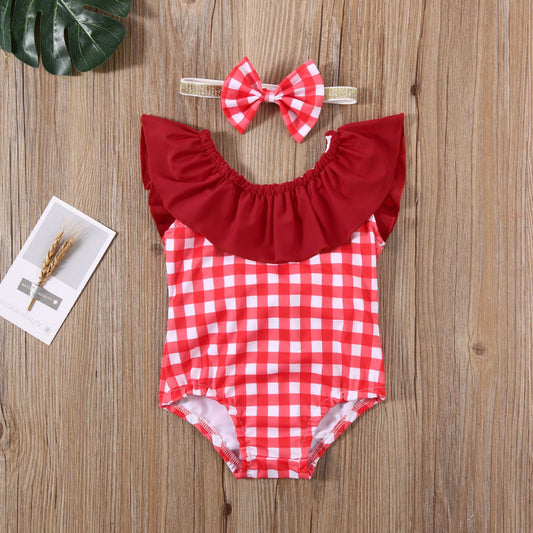 Costum de baie cu patratele rosii si bentita Drool - Costume de baie copii