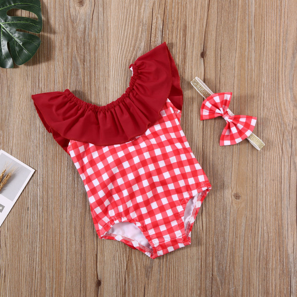Costum de baie cu patratele rosii si bentita Drool