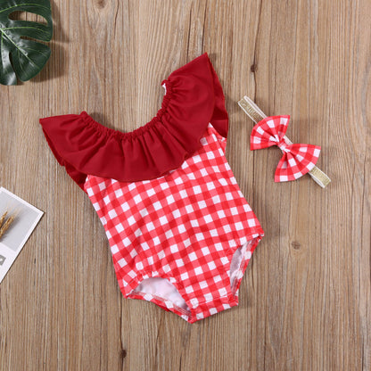 Costum de baie cu patratele rosii si bentita Drool