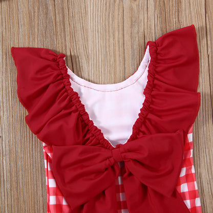 Costum de baie cu patratele rosii si bentita Drool