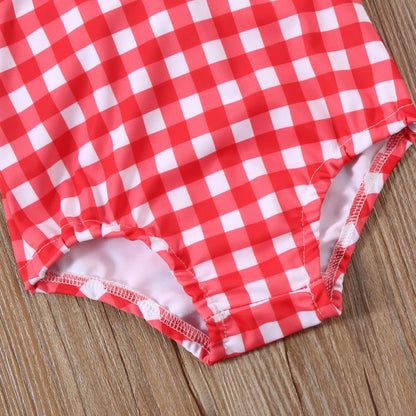 Costum de baie cu patratele rosii si bentita Drool