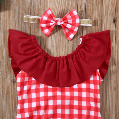 Costum de baie cu patratele rosii si bentita Drool