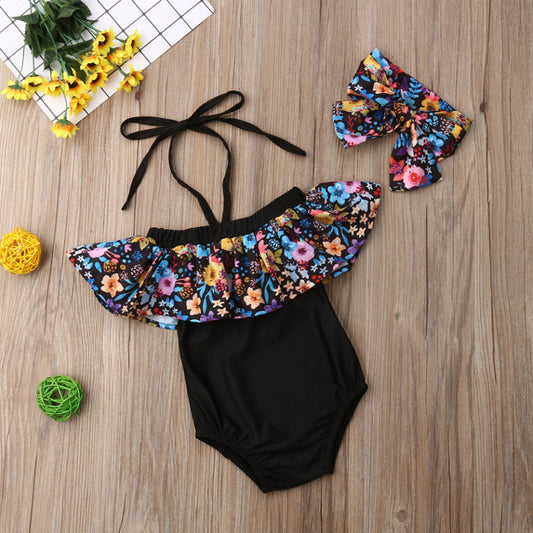 Costum de baie cu volan inflorat si bentita Drool - Costume de baie copii
