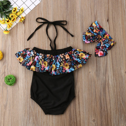 Costum de baie cu volan inflorat si bentita Drool