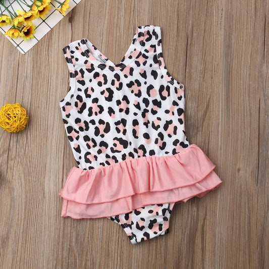 Costum de baie leopard roz cu volan Drool - Costume de baie copii