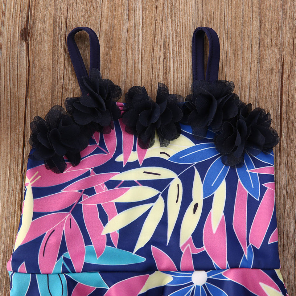 Costum de baie mov cu frunze si floricele aplicate Drool