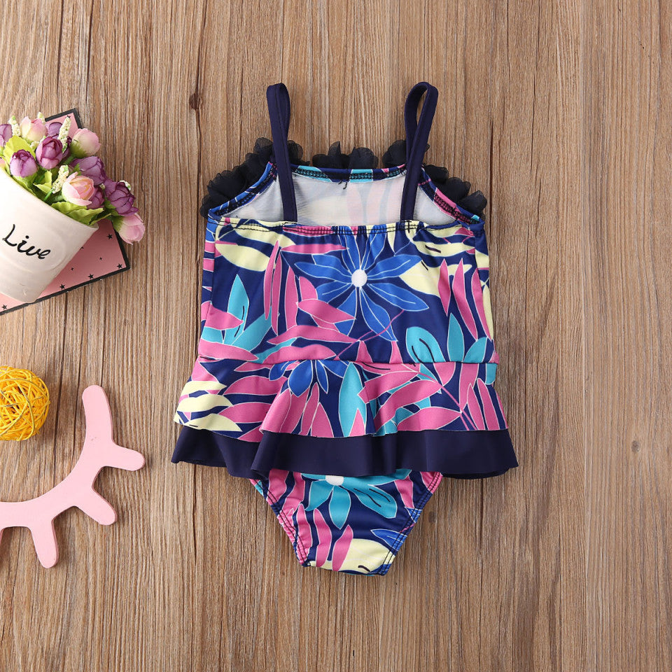 Costum de baie mov cu frunze si floricele aplicate Drool