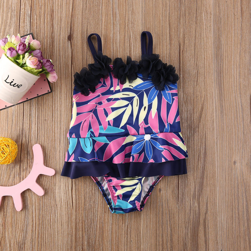Costum de baie mov cu frunze si floricele aplicate Drool