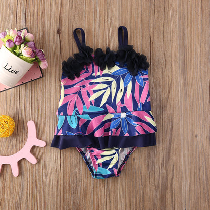 Costum de baie mov cu frunze si floricele aplicate Drool
