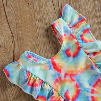 Costum de baie multicolor cu volanne verticale Drool