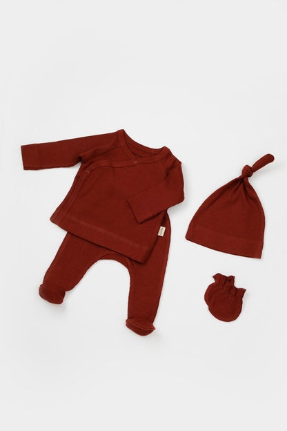 Cutie 4 piese pentru nou nascut - 100% bumbac organic - Caramiziu, BabyCosy