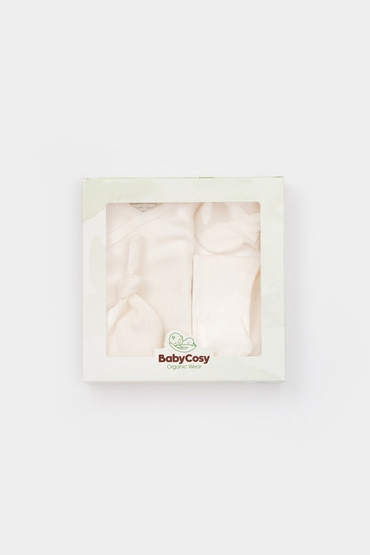 Cutie 4 piese pentru nou nascut - 100% bumbac organic - Ecru, BabyCosy - Baveta, Bluza, Caciula, Pantaloni, Pieptar