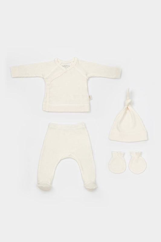 Cutie 4 piese pentru nou nascut - 100% bumbac organic - Ecru, BabyCosy - Baveta, Bluza, Caciula, Pantaloni, Pieptar