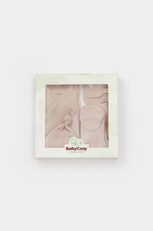 Cutie 4 piese pentru nou nascut - 100% bumbac organic - Mink, BabyCosy - Baveta, Bluza, Caciula, Pantaloni, Pieptar