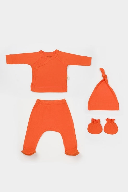 Cutie 4 piese pentru nou nascut - 100% bumbac organic - Portocaliu, BabyCosy - Baveta, Bluza, Caciula, Pantaloni, Pieptar