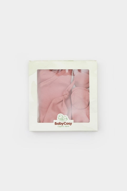 Cutie 4 piese pentru nou nascut - 100% bumbac organic - Roz, BabyCosy - Baveta, Bluza, Caciula, Pantaloni, Pieptar