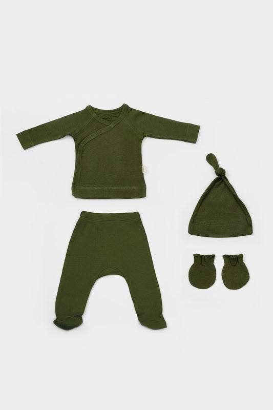 Cutie 4 piese pentru nou nascut - 100% bumbac organic - Verde, BabyCosy - Baveta, Bluza, Caciula, Pantaloni, Pieptar