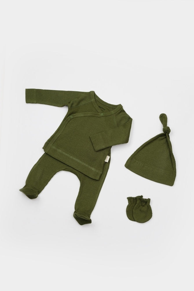 Cutie 4 piese pentru nou nascut - 100% bumbac organic - Verde, BabyCosy