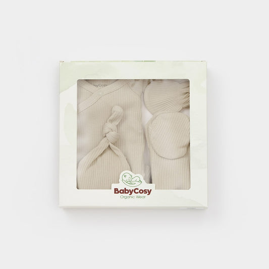 Cutie 4 piese pentru nou nascut - 100% bumbac organic - Verde pal, BabyCosy - Baveta, Bluza, Caciula, Pantaloni, Pieptar
