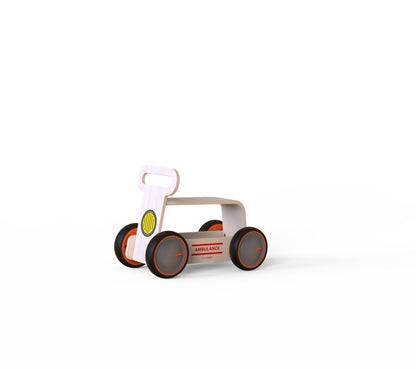 Masinuta ride-on, premergator si carucior de jucarii MamaToyz DriveMe Wood, Ambulanta - Jucarie din lemn 3 in 1