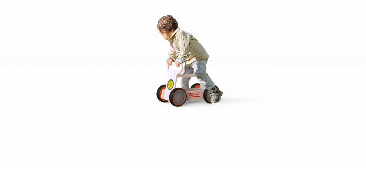 Masinuta ride-on, premergator si carucior de jucarii MamaToyz DriveMe Wood, Ambulanta - Jucarie din lemn 3 in 1