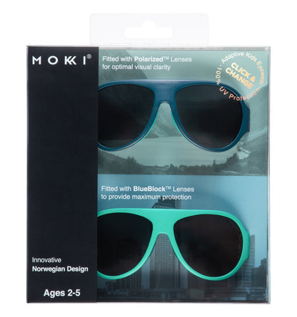 Ochelari de soare pentru copii MOKKI Click & Change, protectie UV, bleu, 2-5 ani, set 2 perechi