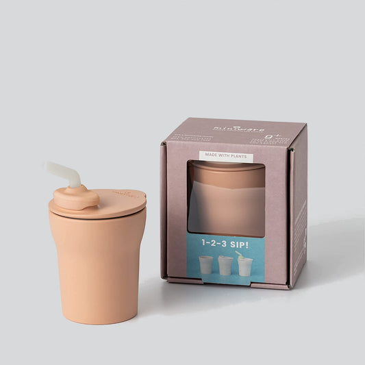 Pahar cu capac si pai antrenament bebelusi Miniware 1-2-3 Sip!, 100% din materiale naturale biodegradabile, Toffee -