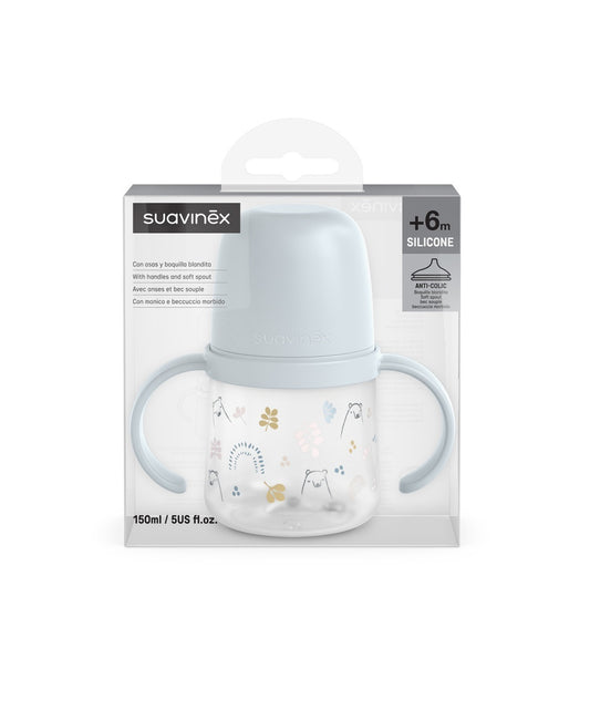 Prima cană cu muștiuc din silicon 150 ml, +4l, Bears, albastru, Suavinex -