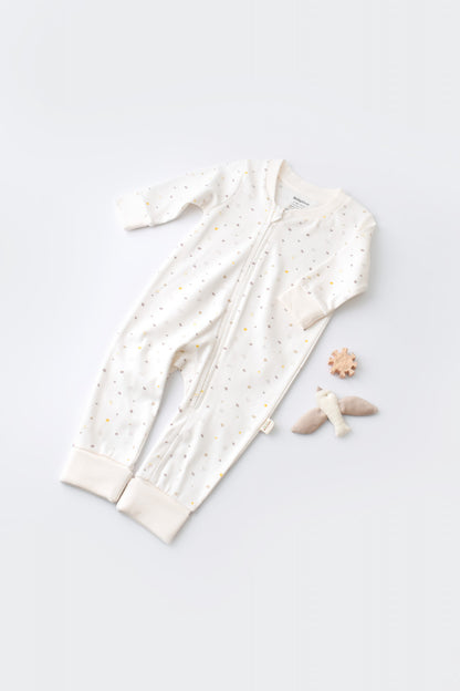 Salopeta cu fermoar cu maneca lunga si pantaloni lungi - 100%bumbac organic - Ecru cu buline, BabyCosy