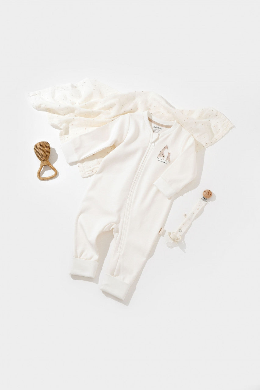 Salopeta cu fermoar Girafa, BabyCosy, 100% bumbac organic, Ecru