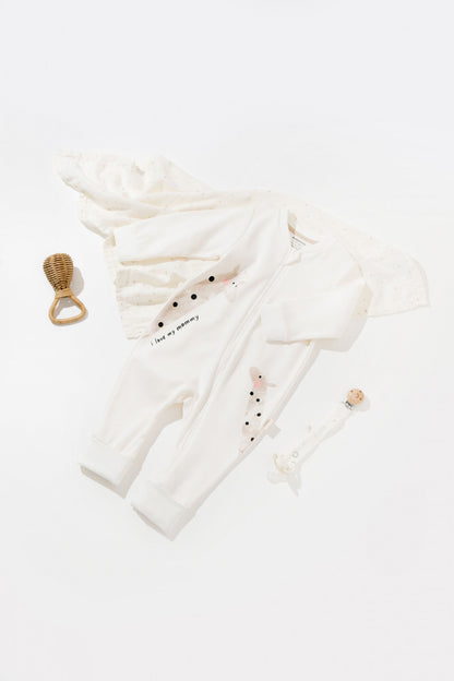 Salopeta cu fermoar Girafe, BabyCosy, 100% bumbac organic, Ecru